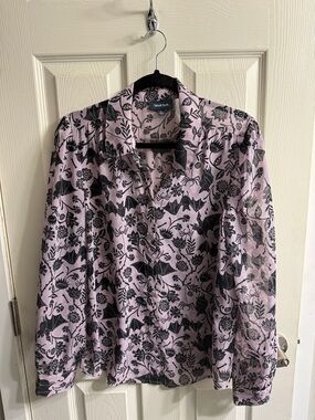 ModCloth Sheer Button-Up Shirt with Black Floral & Bat Print